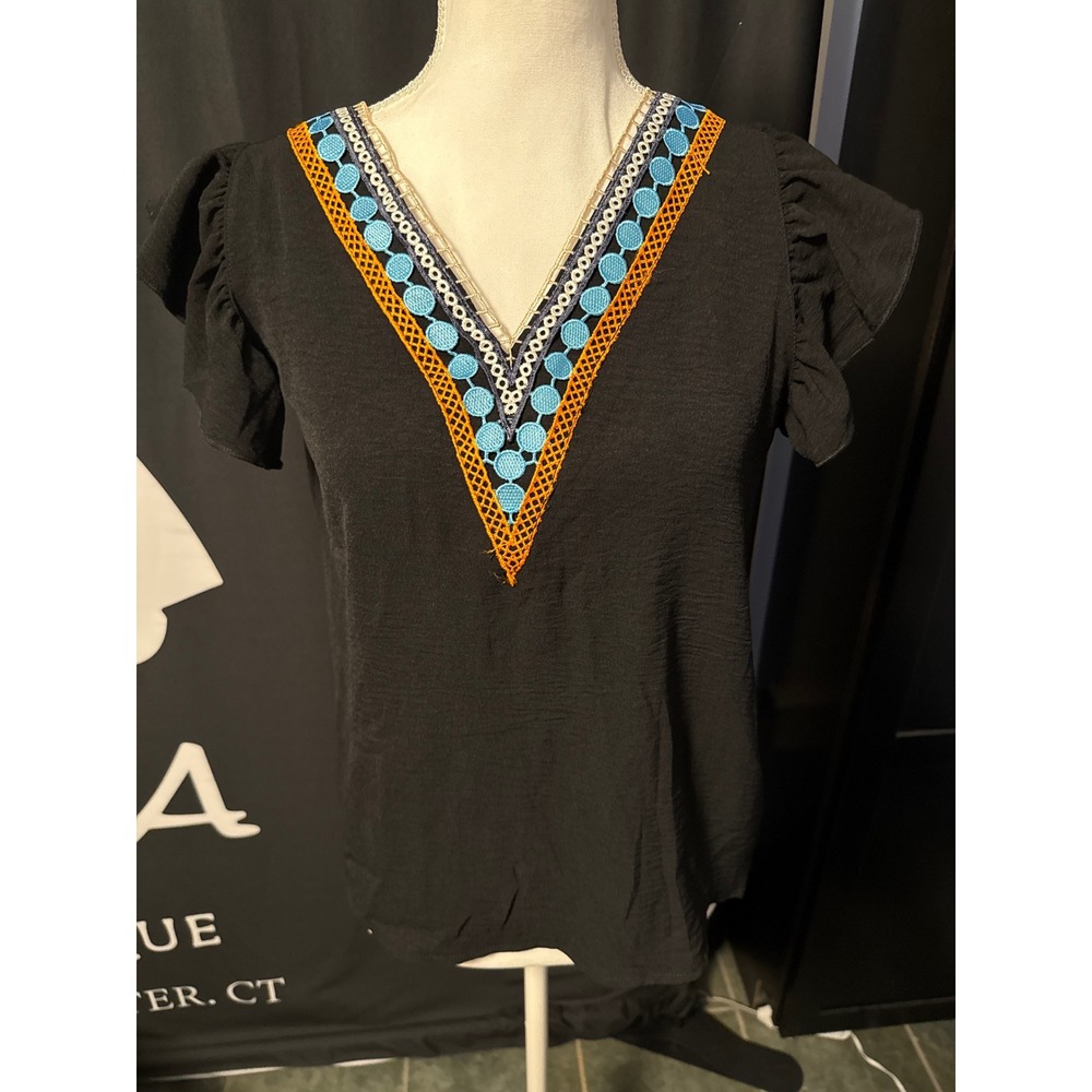 Womens Black Flutter Sleeve Boho Embroidered V-Neck Blouse Top Size Small
